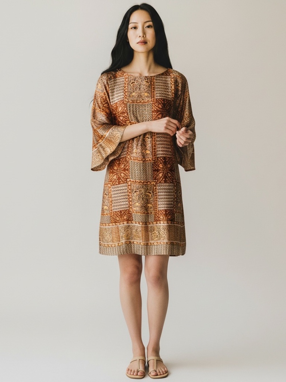 Vintage 70s Made in Hawaii Mini Dress Tunic Elephant Batik Bell Sleeve Boho